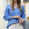 Women * | Promo 42Pops Spring Blue Distressed V-Neck Bishop-Sleeve Sweater Women