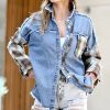 Women * | Budget 42Pops Blue & Mocha Plaid Distressed Long-Sleeve Pocket Button-Up Denim Shacket Women