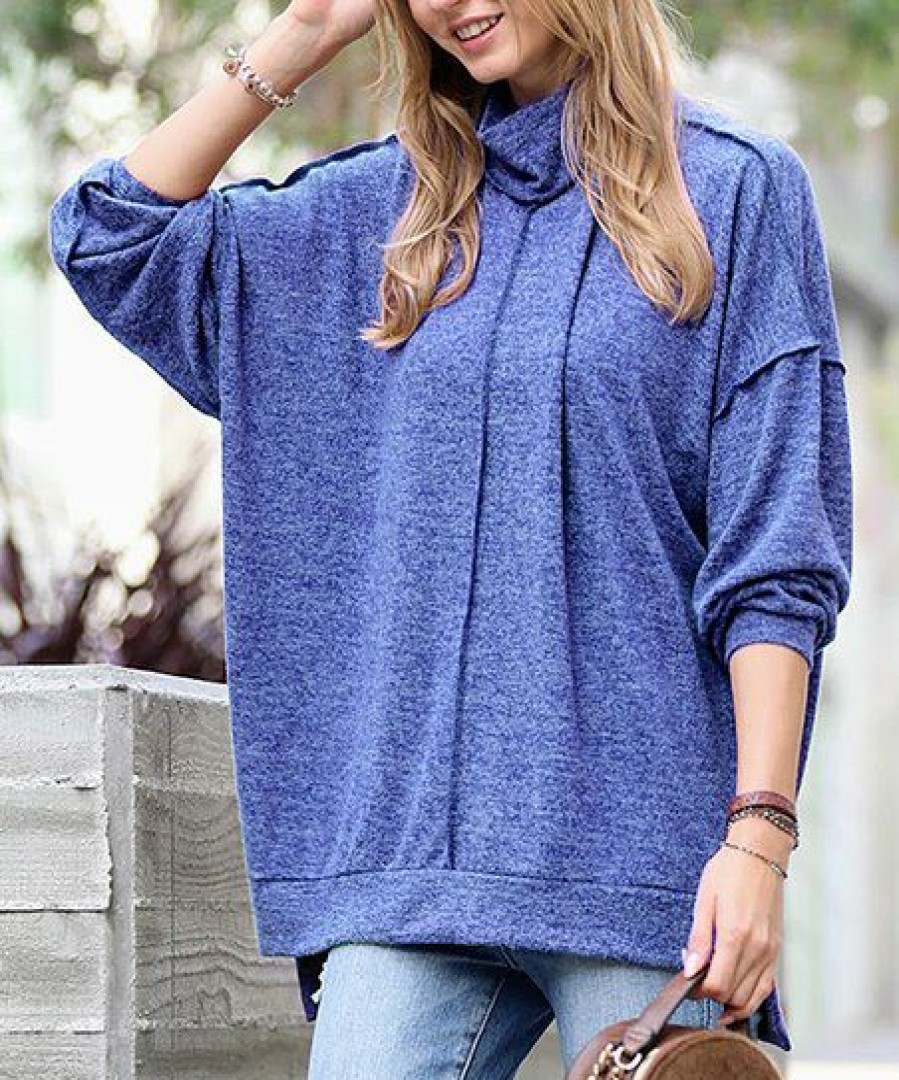 Women * | Buy 42Pops Bright Blue Melange Front-Seam Mock Neck Long-Sleeve Sweater Women