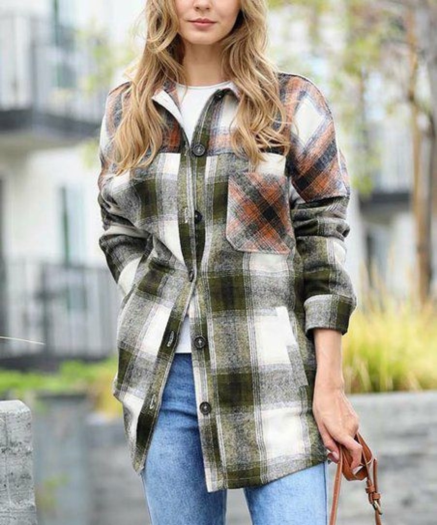 Women * | Best Sale 42Pops Olive & Rust Color Block Plaid Pocket Oversize Shacket Women