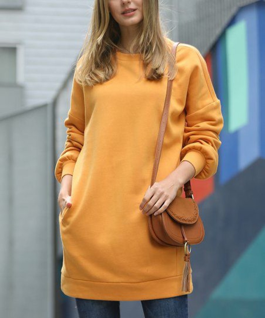 Women * | Hot Sale 42Pops Ash Mustard Crewneck Long-Sleeve Pocket Oversize Sweatshirt Tunic Women