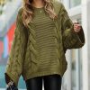 Women * | Wholesale 42Pops Dusty Olive Cable-Knit Oversize Crewneck Bell-Sleeve Sweater Women