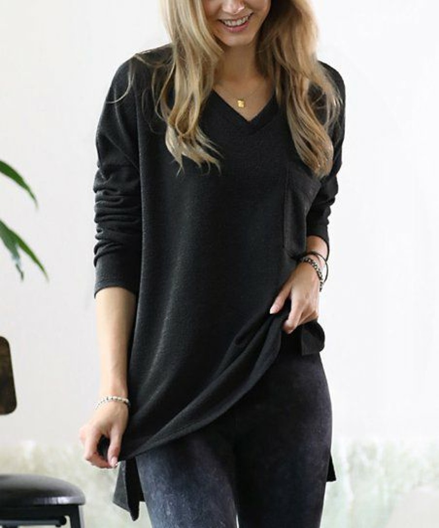 Women * | Cheapest 42Pops Black Oversize V-Neck Long-Sleeve Hi-Low Top Women