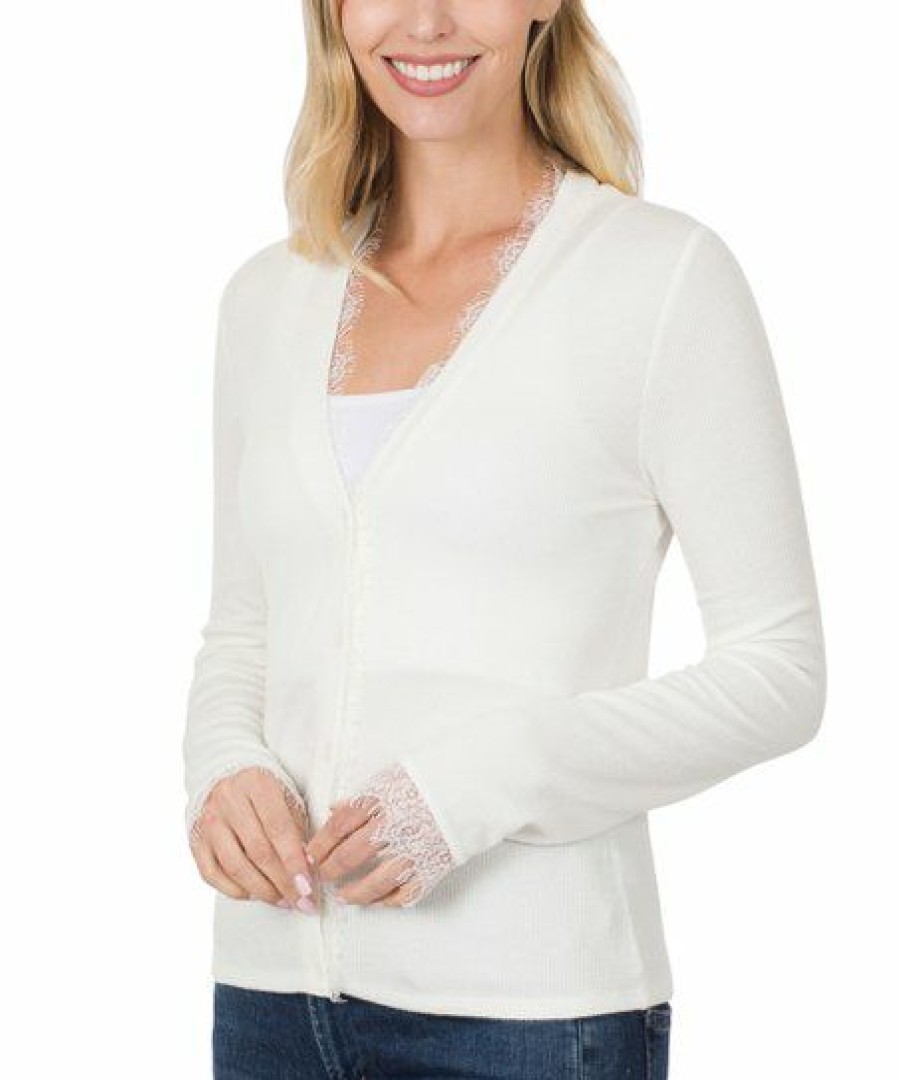 Women * | Cheap 42Pops Ivory Lace-Trim Cardigan Women