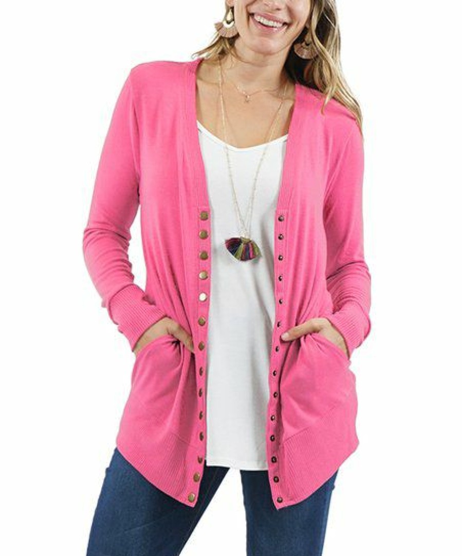 Women * | Cheap 42Pops Fuchsia Rib-Hem Snap-Front Cardigan Women