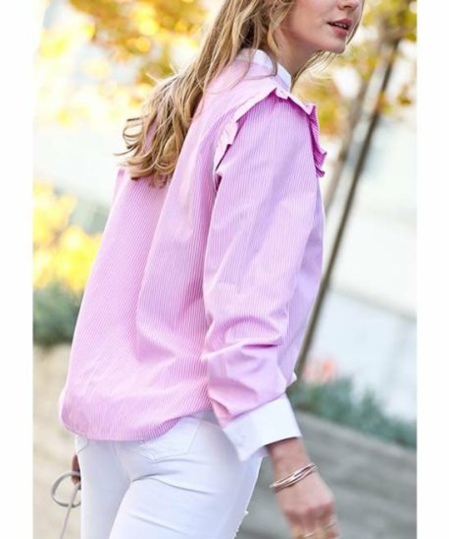 Other * | Top 10 42Pops Dusty Pink Stripe Ruffle Long-Sleeve Top Women