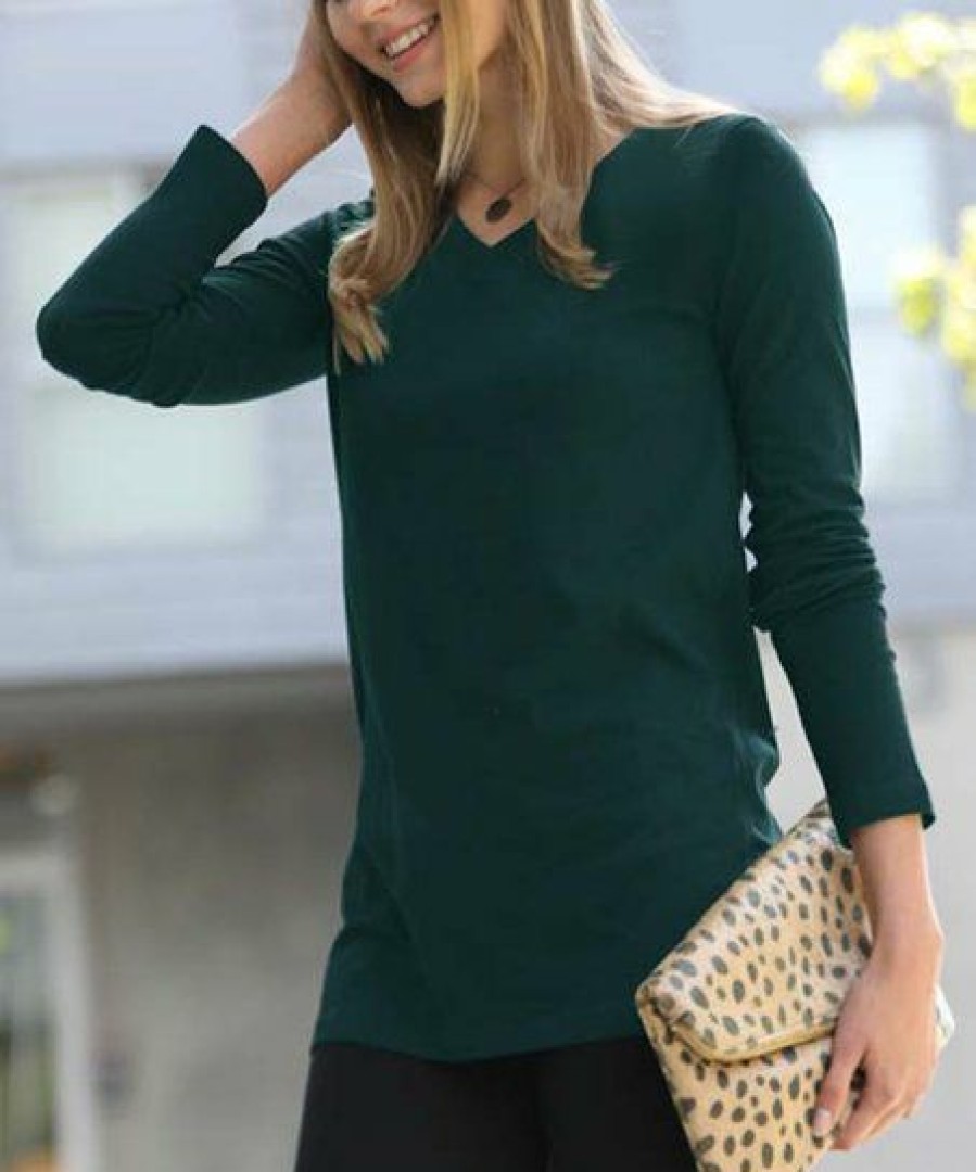 Women * | Best Reviews Of 42Pops Hunter Green V-Neck Long-Sleeve Tee Women