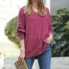 Women * | Deals 42Pops Magenta Melange V-Neck Hi-Low Pocket Sweater Women