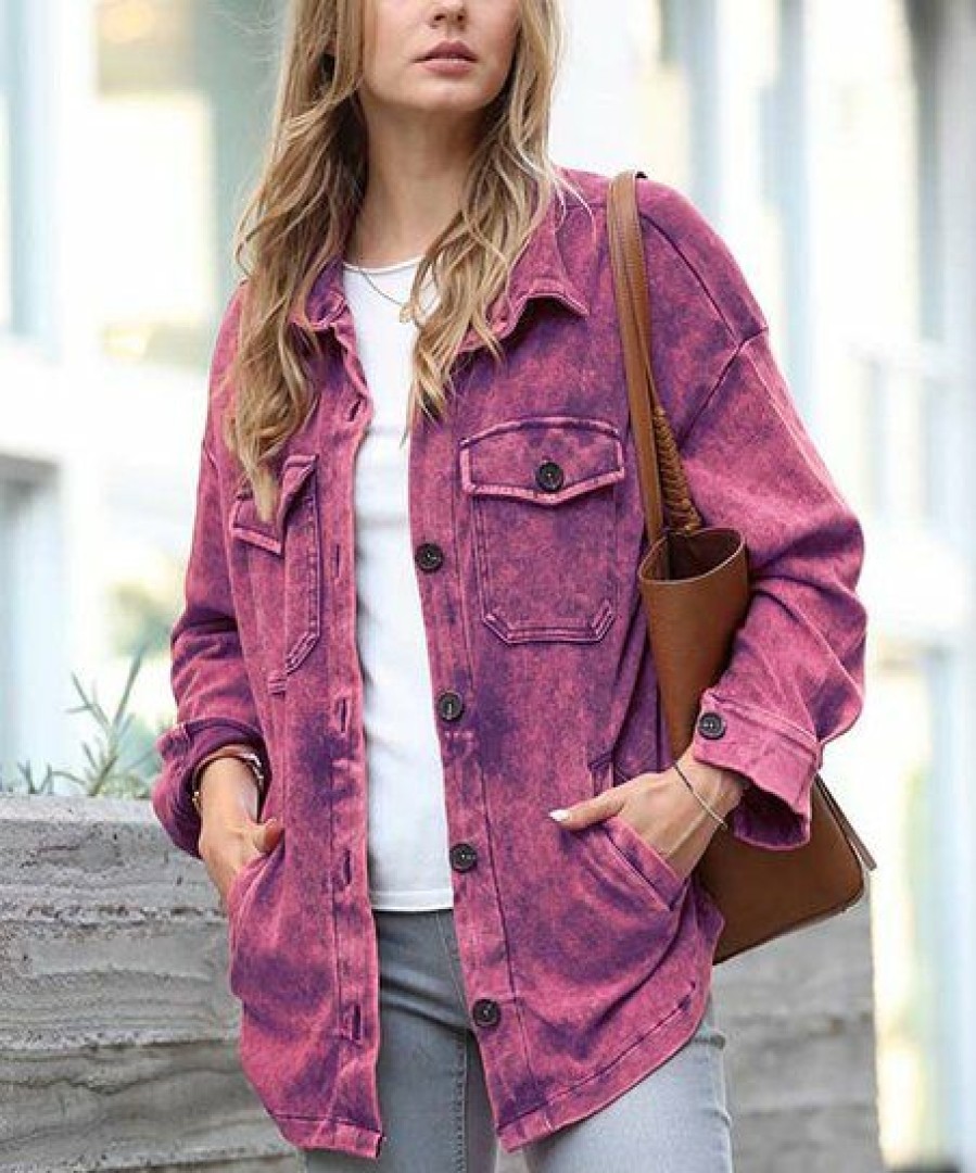 Women * | Deals 42Pops Magenta Mineral Wash Pocket Shacket Women