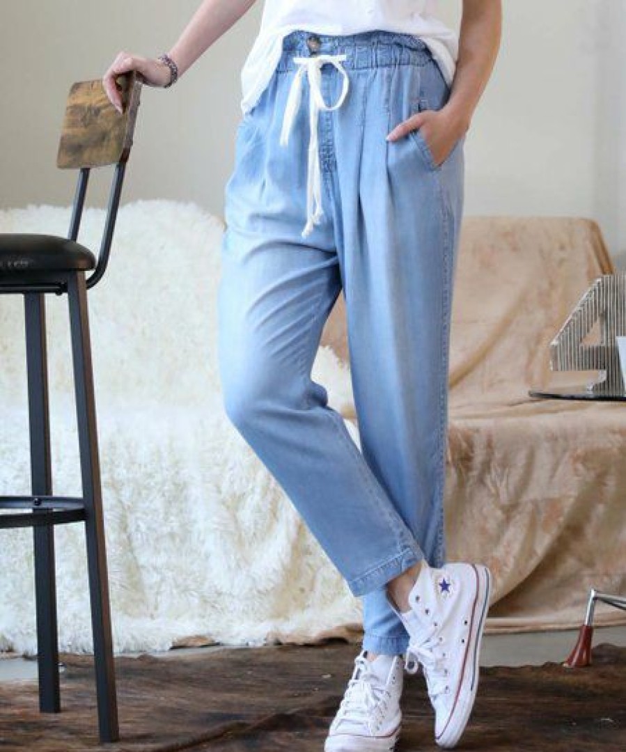 Women * | Cheap 42Pops Sky Blue Chambray Pocket Drawstring-Waist Paper Bag Pants Women