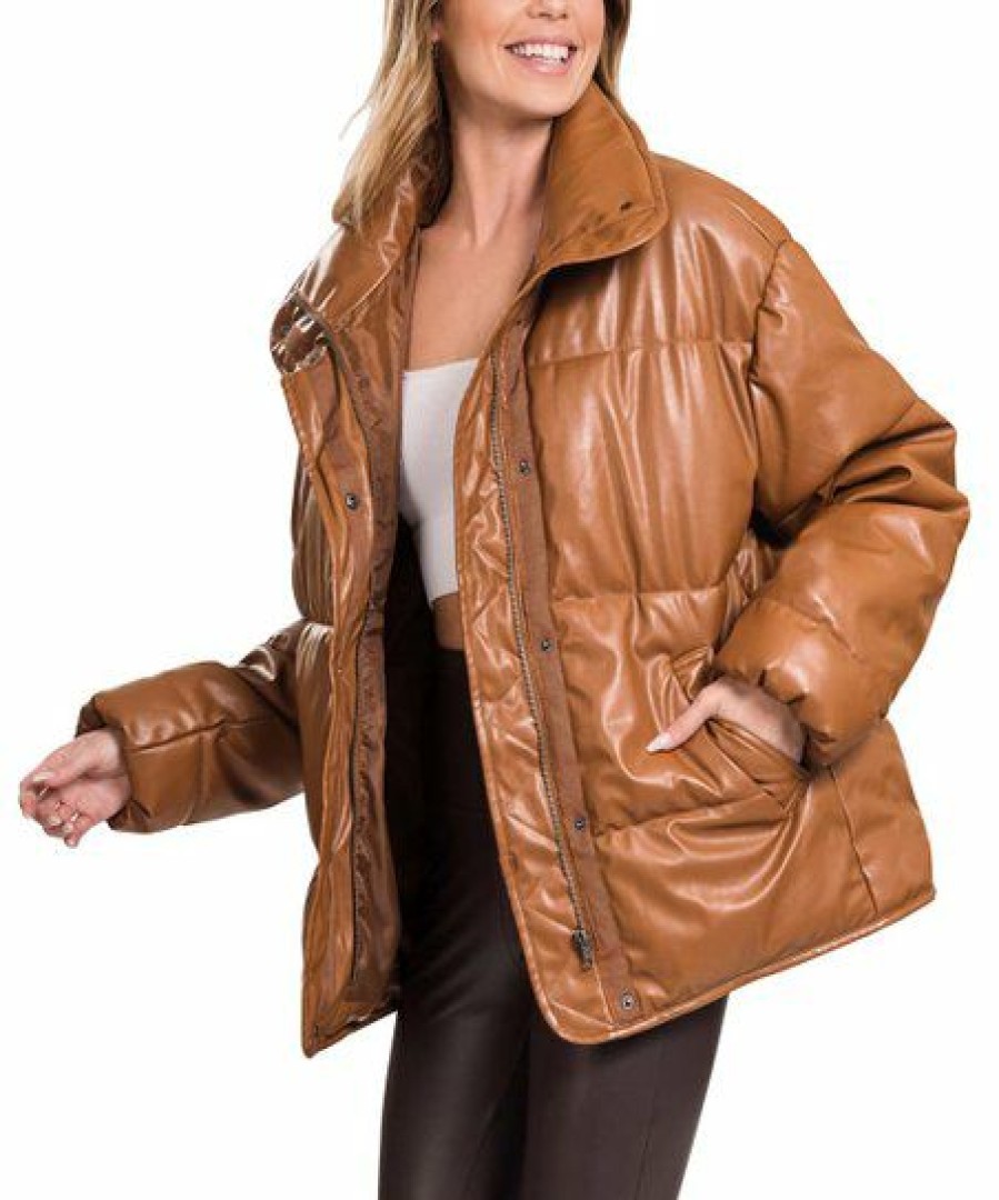 Women * | Budget 42Pops Dark Camel Faux Leather Funnel-Collar Puffer Jacket Women