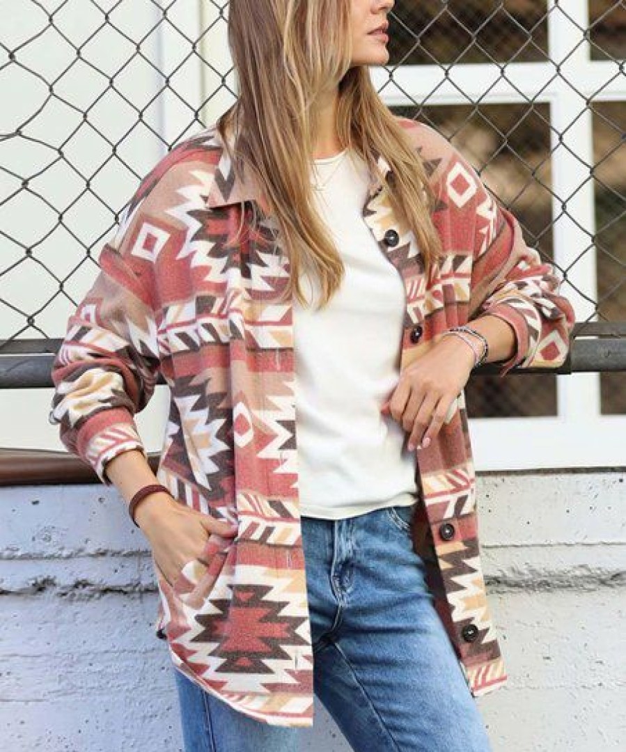 Women * | Coupon 42Pops Rust Geometric Pocket Oversize Shacket Women