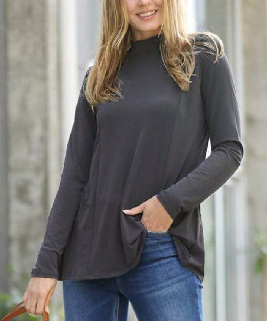 Women * | New 42Pops Ash Gray Princess-Line Mock Neck Long-Sleeve Top Women