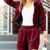 Women * | Deals 42Pops Dark Burgundy Velvet Crop Zip-Up Hoodie & Pocket Shorts Women