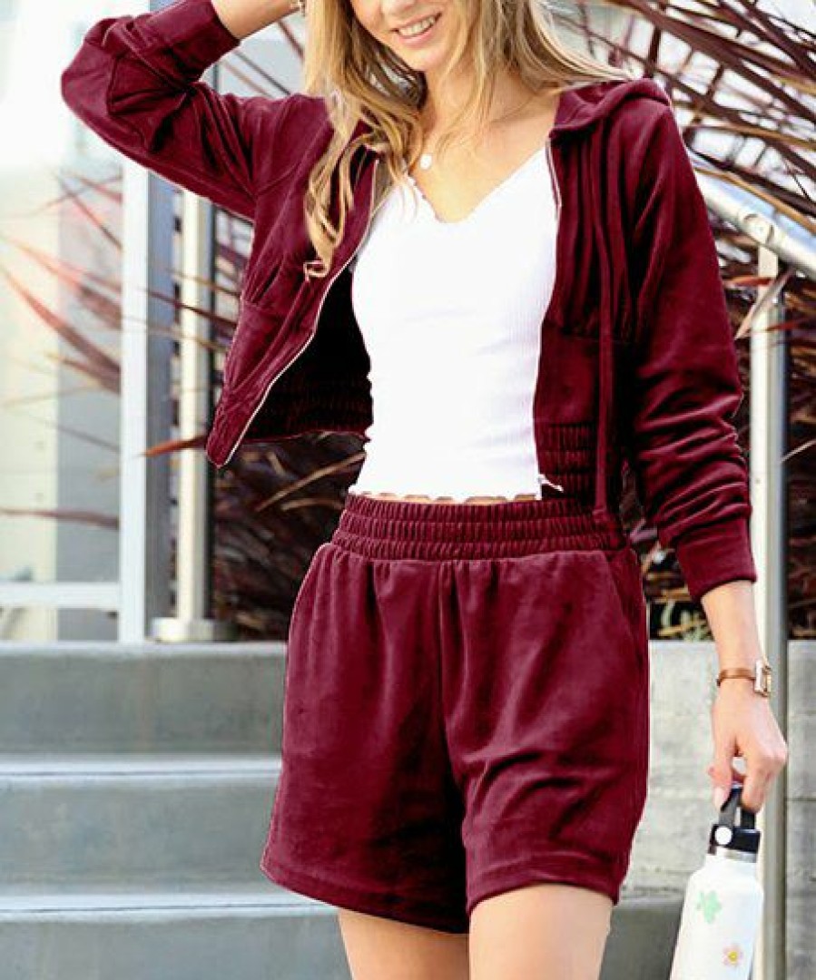 Women * | Deals 42Pops Dark Burgundy Velvet Crop Zip-Up Hoodie & Pocket Shorts Women