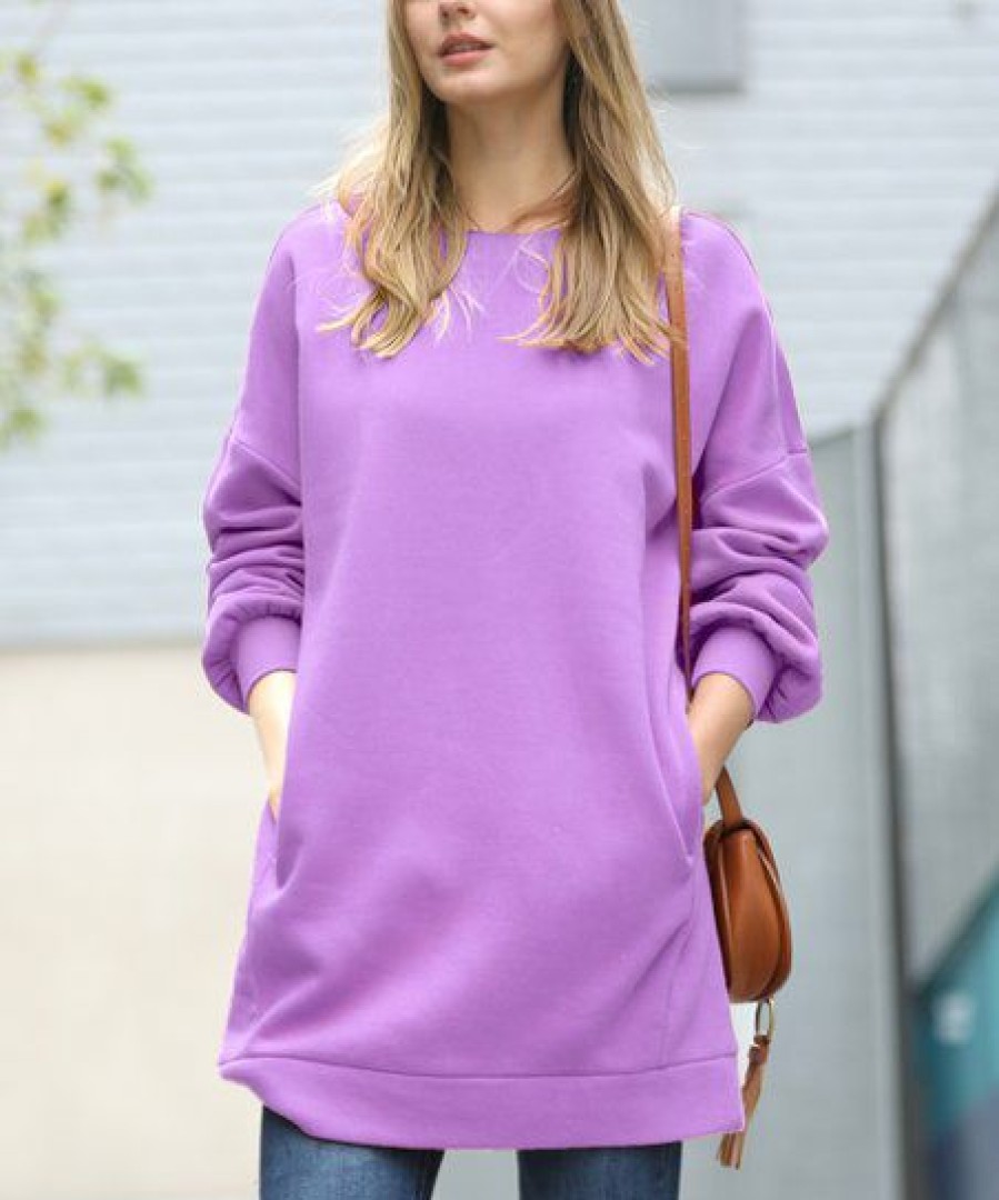 Women * | Budget 42Pops Lavender Crewneck Long-Sleeve Pocket Oversize Sweatshirt Tunic Women