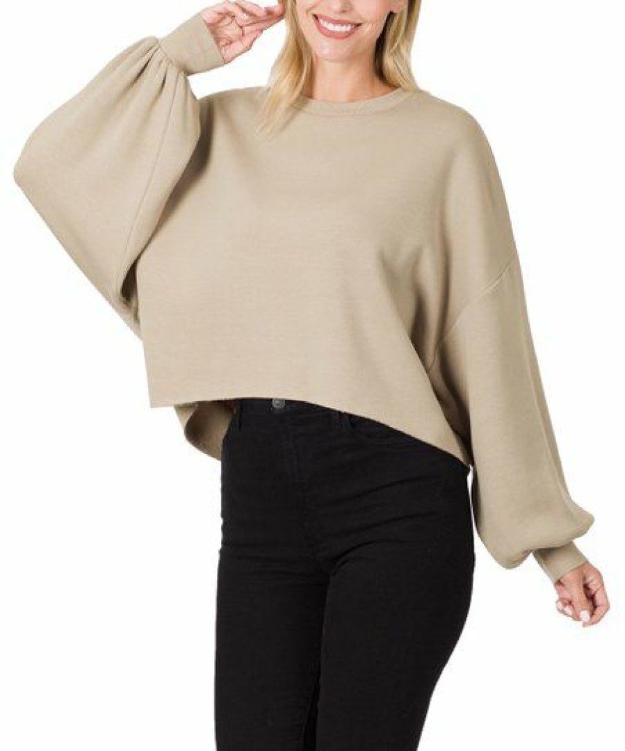 Other * | Top 10 42Pops Ash Mocha Crewneck Puff-Sleeve Crop Sweatshirt Women