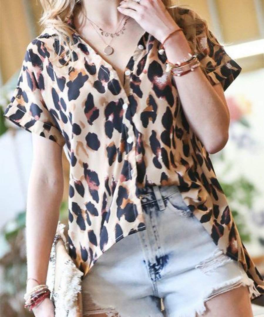 Other * | Buy 42Pops Taupe & Black Leopard Button-Up V-Neck Short-Sleeve Top Women