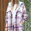 Women * | Cheapest 42Pops Pink Plaid Drawstring Pocket Hooded Shacket Women