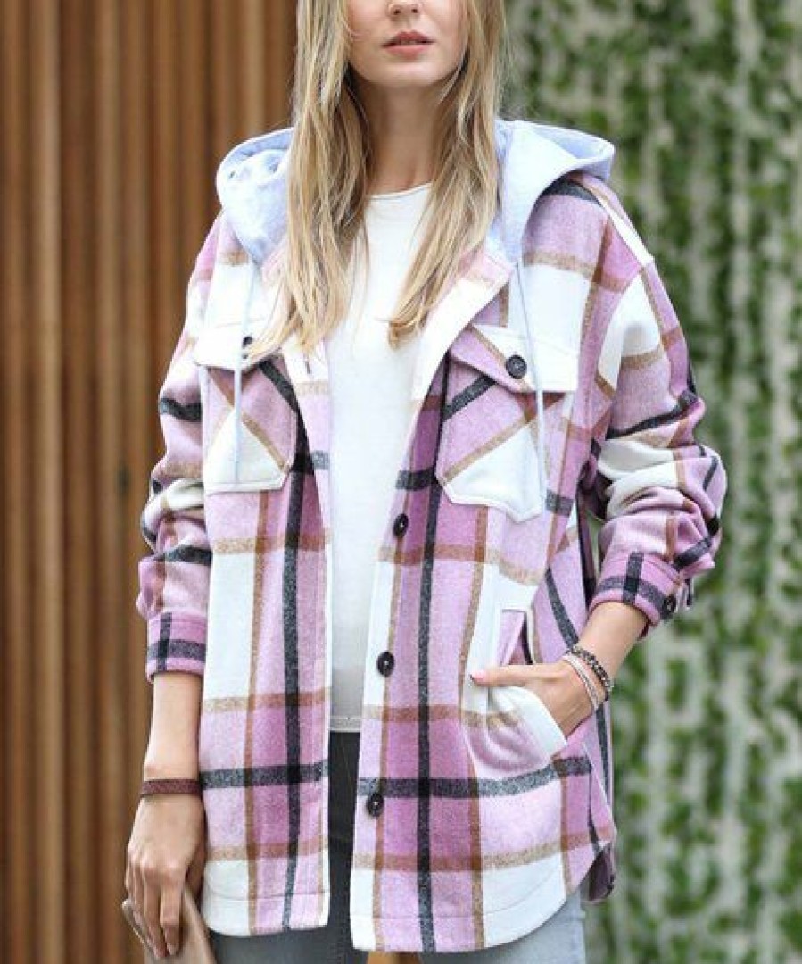 Women * | Cheapest 42Pops Pink Plaid Drawstring Pocket Hooded Shacket Women