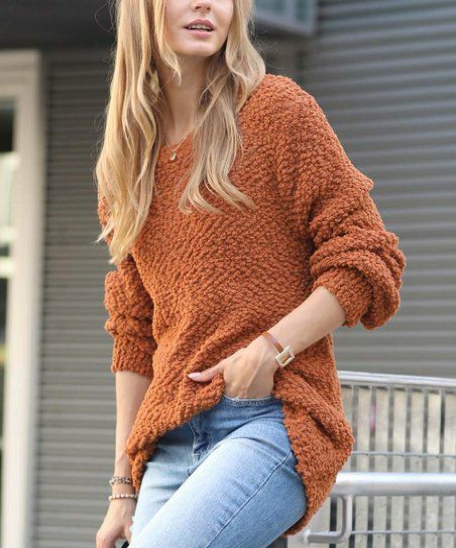 Women * | Buy 42Pops Almond Popcorn-Texture Crewneck Bishop-Sleeve Sweater Women