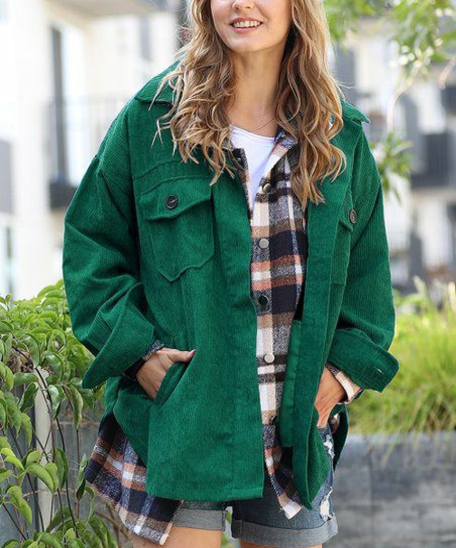 Women * | Cheap 42Pops Dark Green Corduroy Oversize Shacket Women