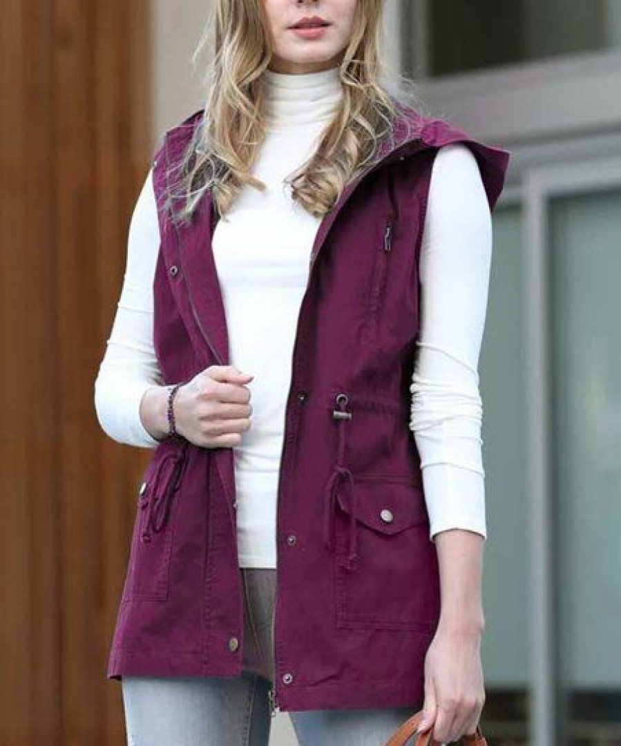 Women * | Wholesale 42Pops Dark Plum Drawstring-Waist Hooded Pocket Vest Women