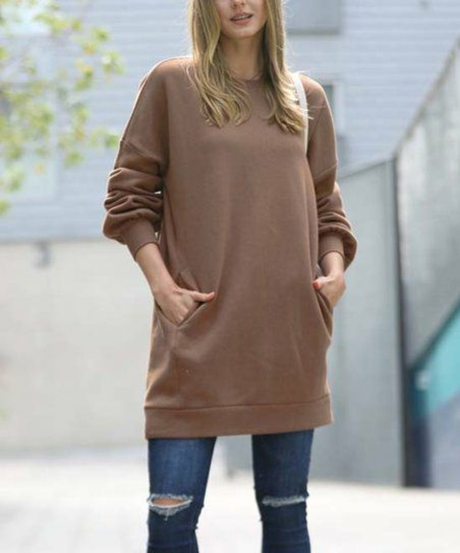 Women * | Best Sale 42Pops Mocha Crewneck Pocket Oversize Sweatshirt Women