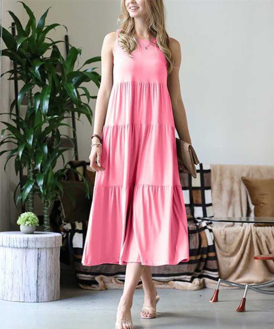 Women * | Buy 42Pops Bright Pink Scoop-Neck Sleeveless Tiered Midi Dress Women