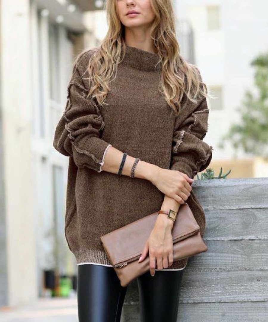 Women * | Budget 42Pops Mocha Raw-Seam Mock Neck Oversize Sweater Women