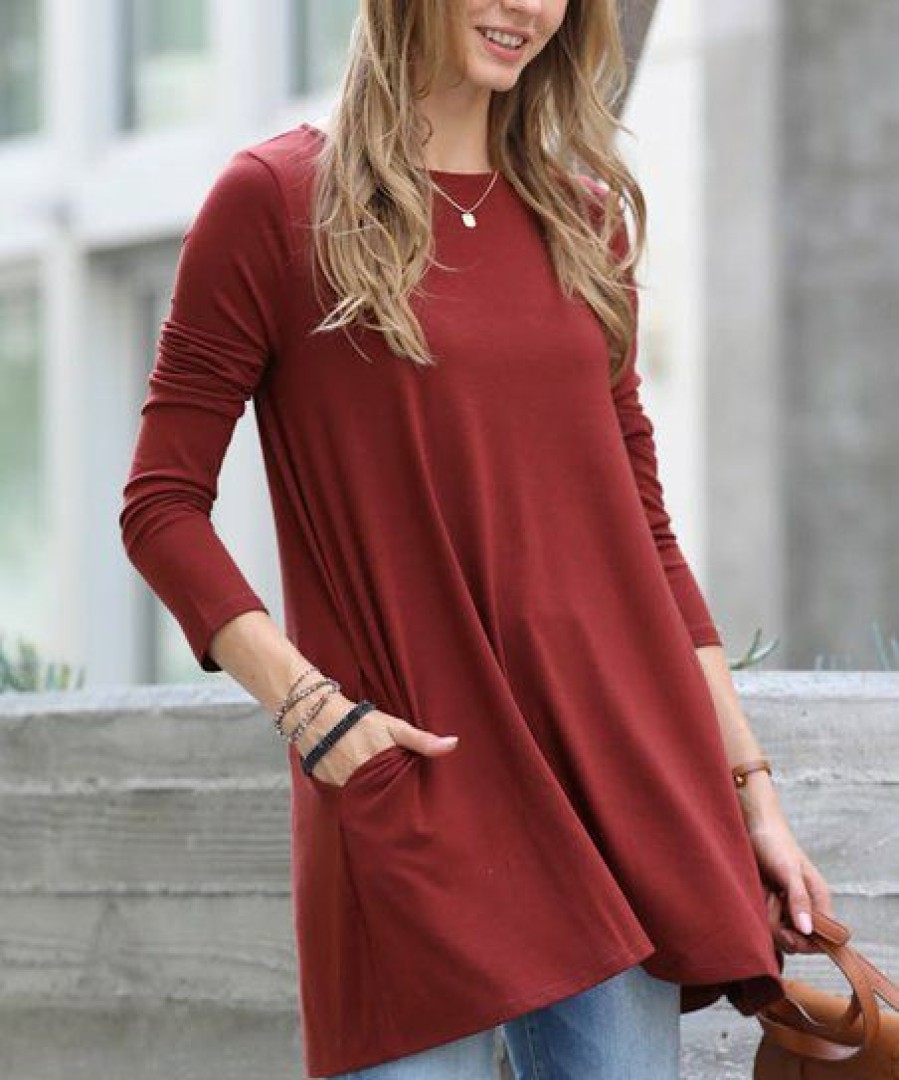 Women * | Discount 42Pops Dark Rust Boatneck Long-Sleeve Pocket Swing Top Women