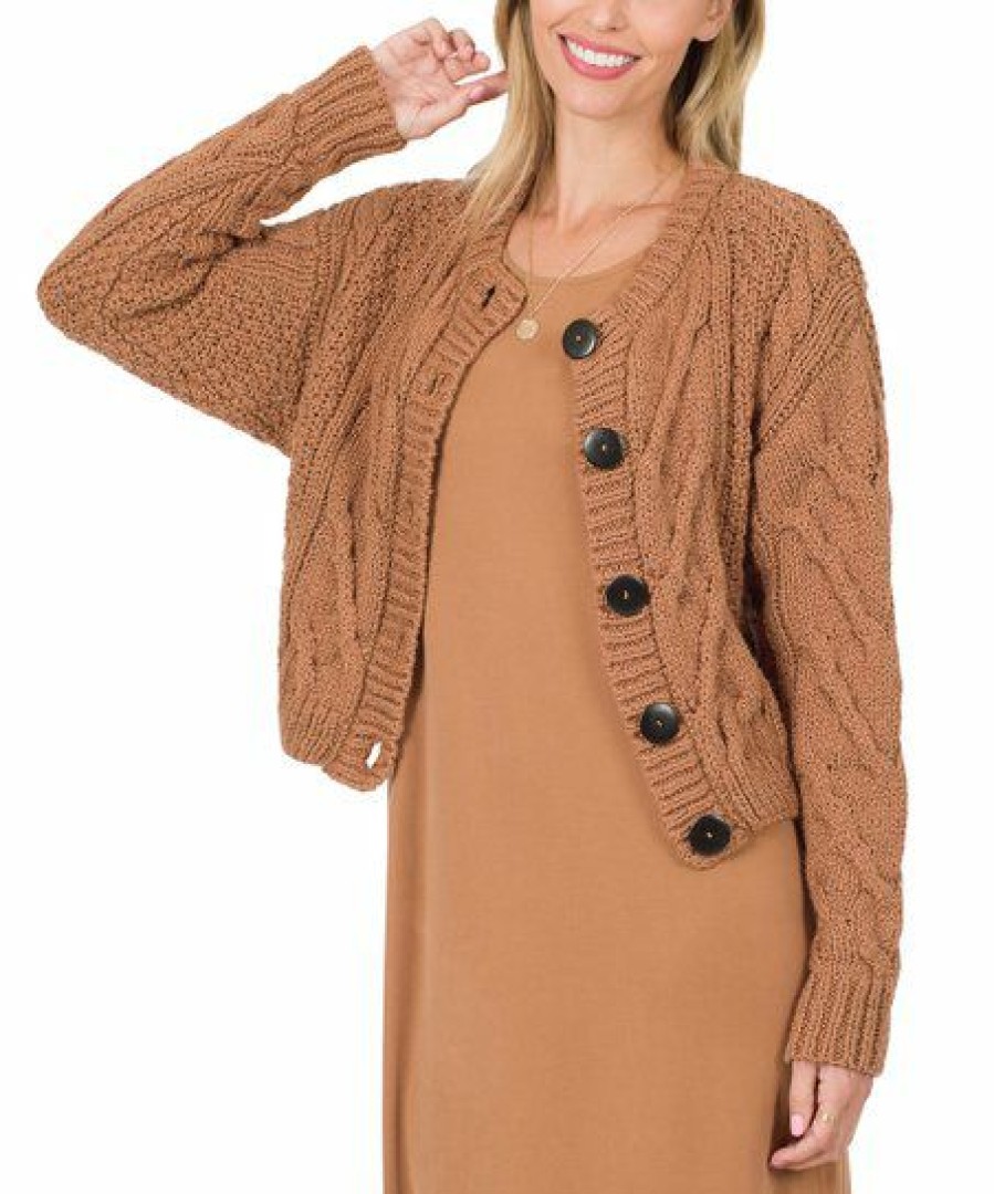 Women * | Brand New 42Pops Deep Camel Knit Button Cardigan Women