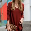 Women * | Hot Sale 42Pops Dark Rust Waffle Slit-Hem V-Neck Long-Sleeve Sweater Women