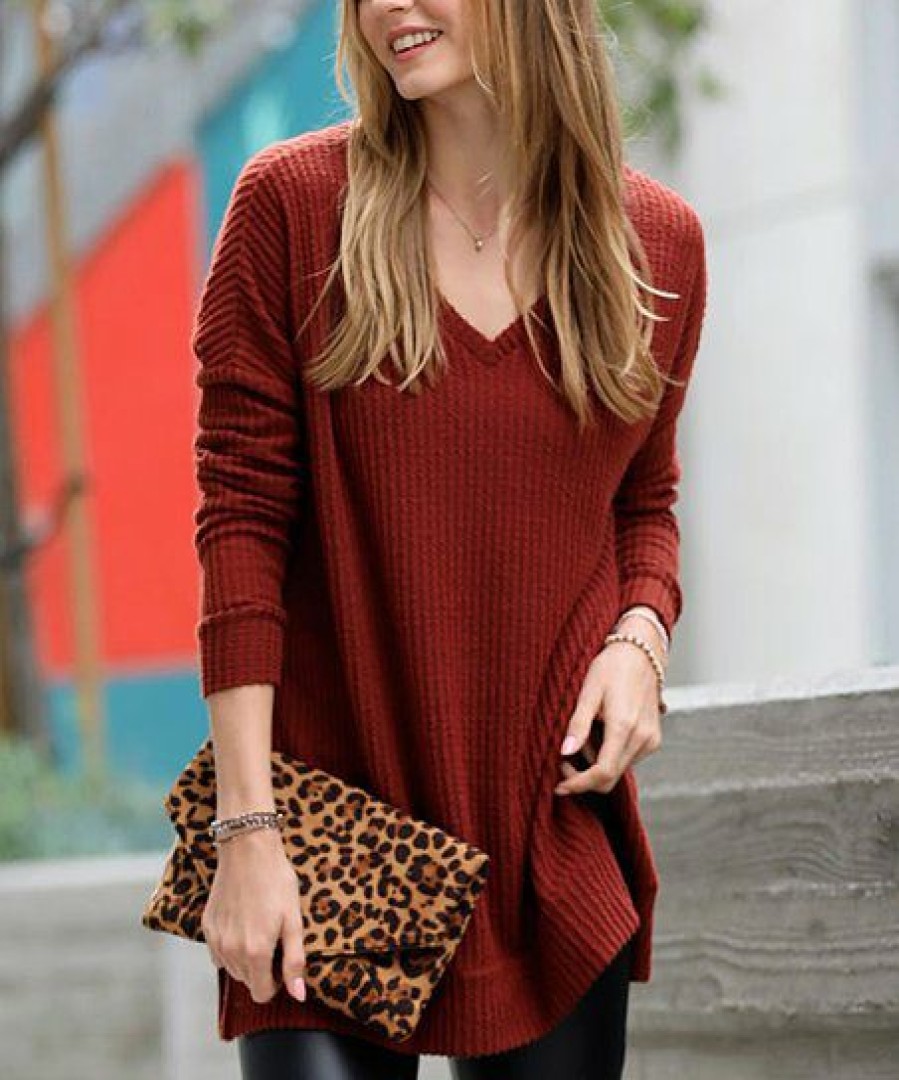 Women * | Hot Sale 42Pops Dark Rust Waffle Slit-Hem V-Neck Long-Sleeve Sweater Women