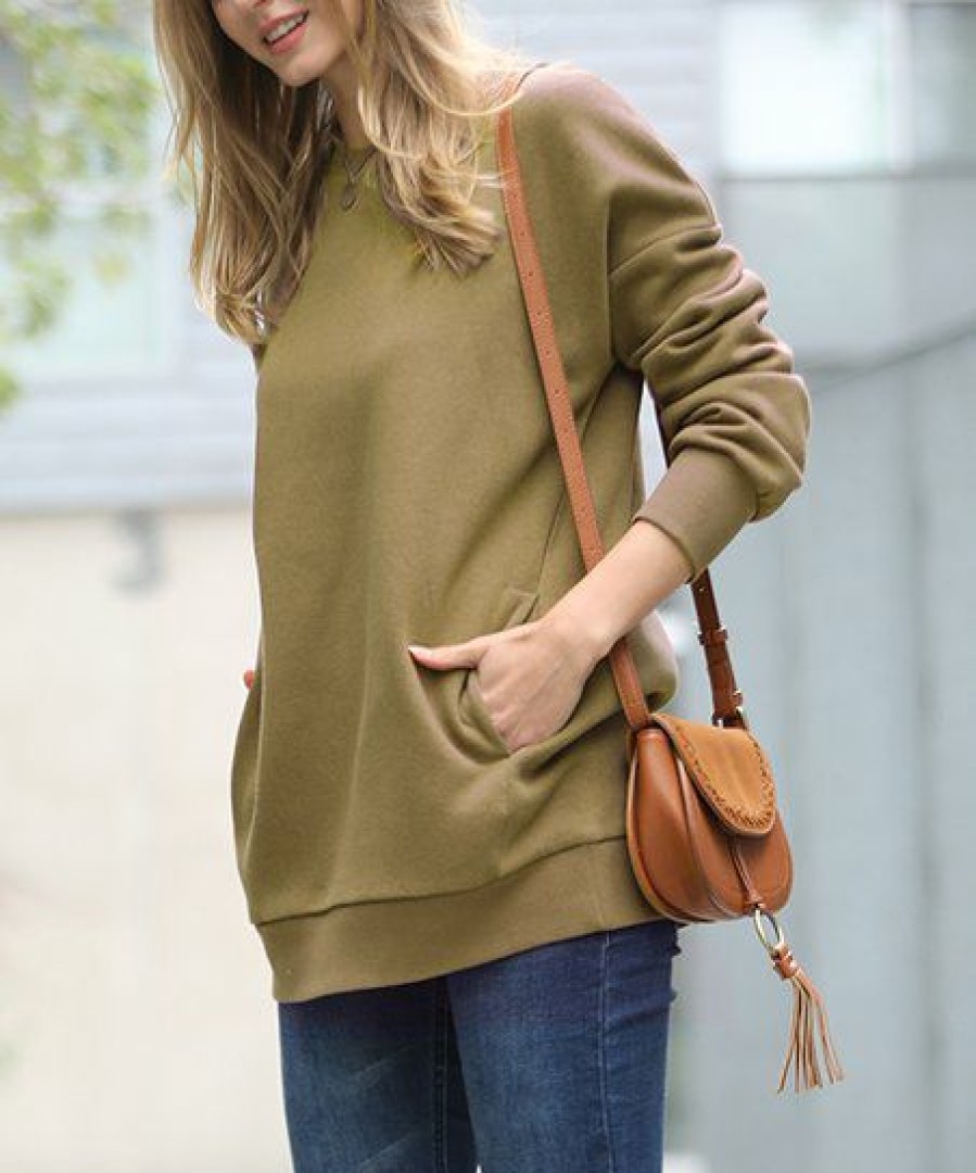 Other * | Promo 42Pops Dusty Olive Crewneck Long-Sleeve Pocket Sweatshirt Women