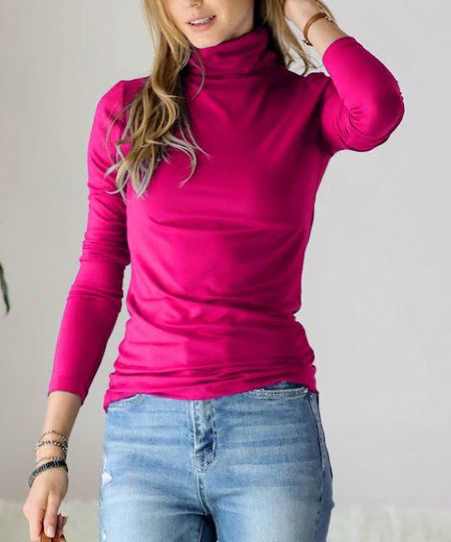 Women * | Wholesale 42Pops Magenta Mock Neck Long-Sleeve Top Women