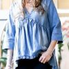 Other * | Discount 42Pops Denim Blue Ruffle V-Neck Three-Quarter Sleeve Top Women