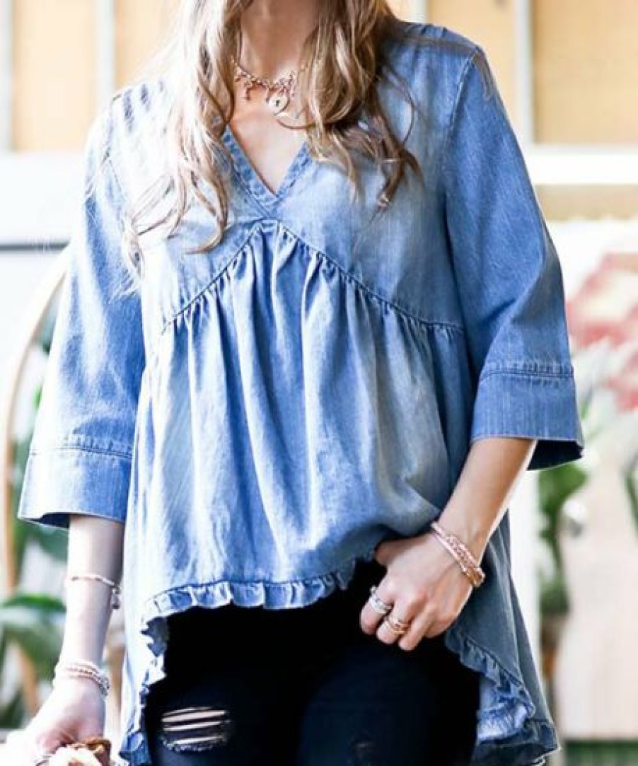 Other * | Discount 42Pops Denim Blue Ruffle V-Neck Three-Quarter Sleeve Top Women