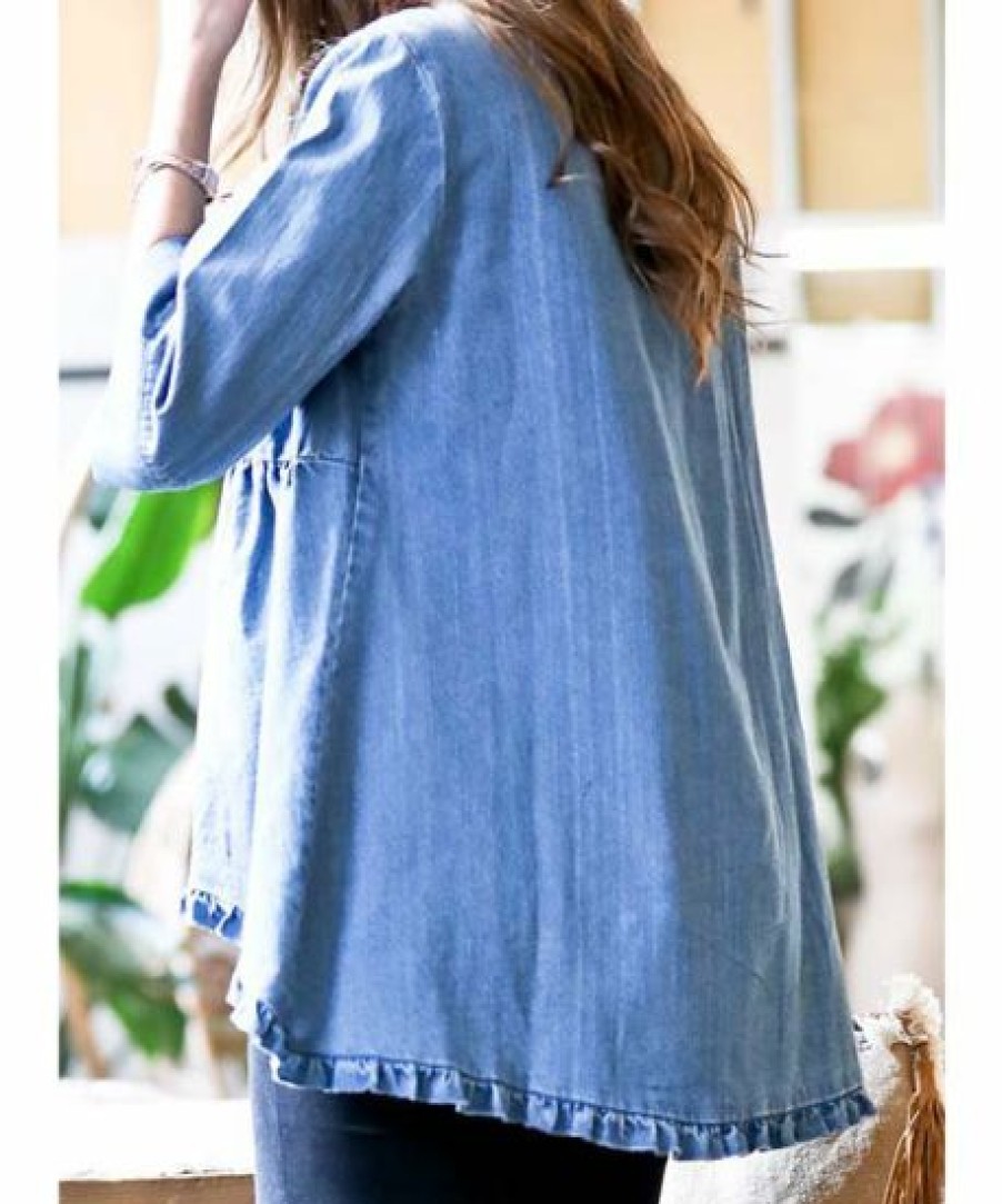 Other * | Discount 42Pops Denim Blue Ruffle V-Neck Three-Quarter Sleeve Top Women