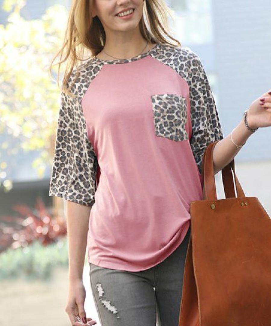 Other * | Discount 42Pops Light Rose Leopard Raglan-Sleeve Pocket Top Women