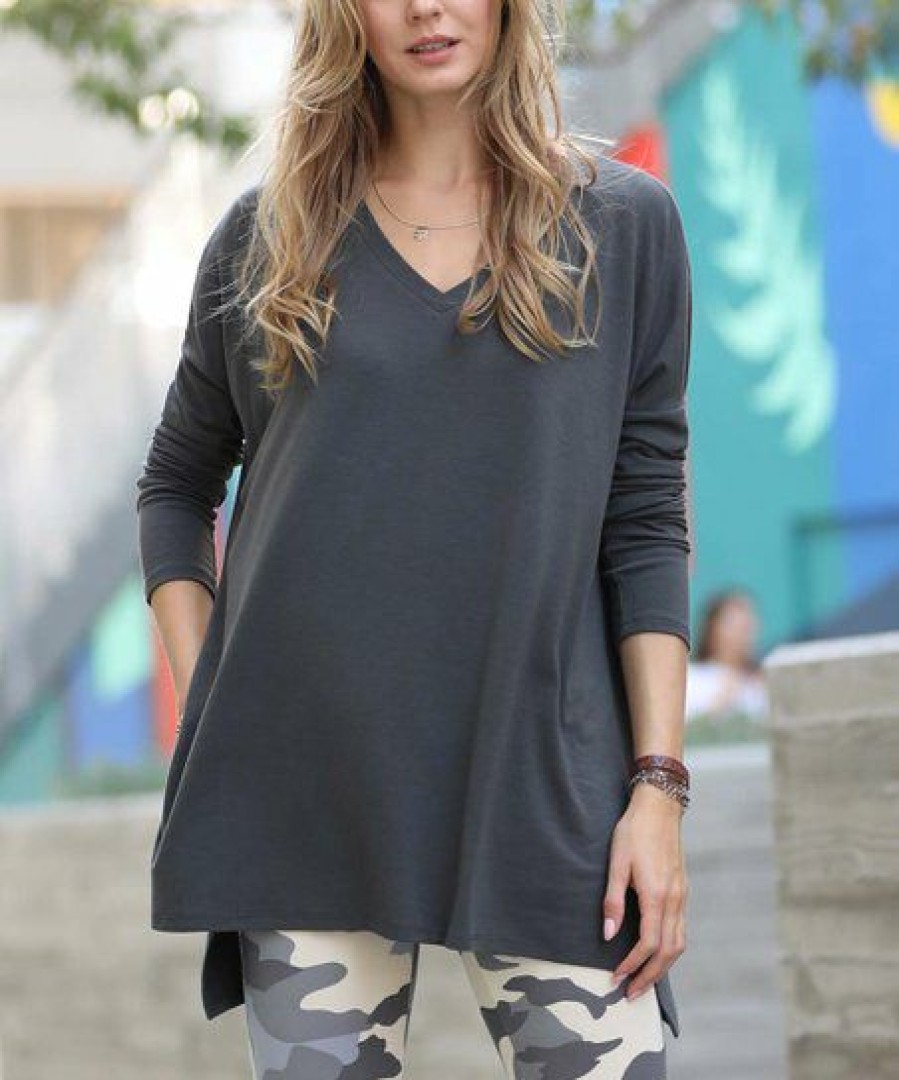 Other * | Buy 42Pops Ash Gray Side-Slit V-Neck Long-Sleeve Hi-Low Dolman Tunic Women