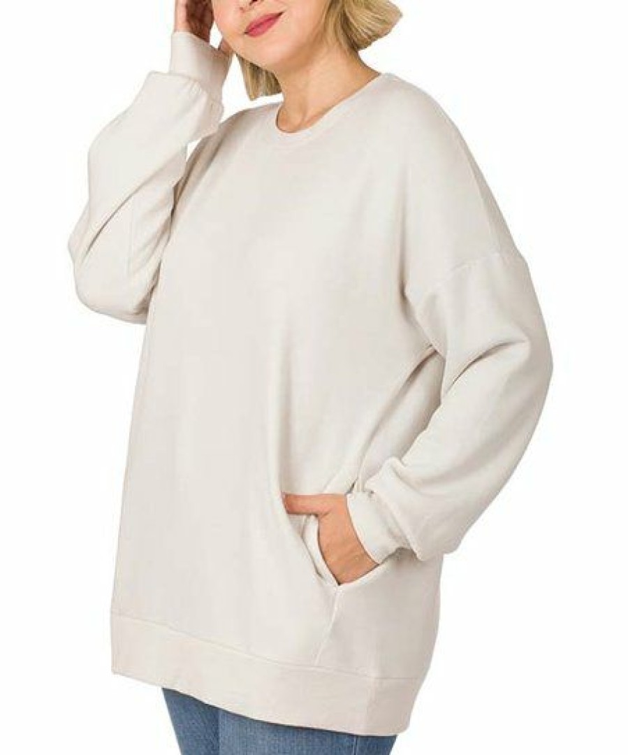 Women * | Discount 42Pops Bone Crewneck Long-Sleeve Pocket Sweatshirt Plus