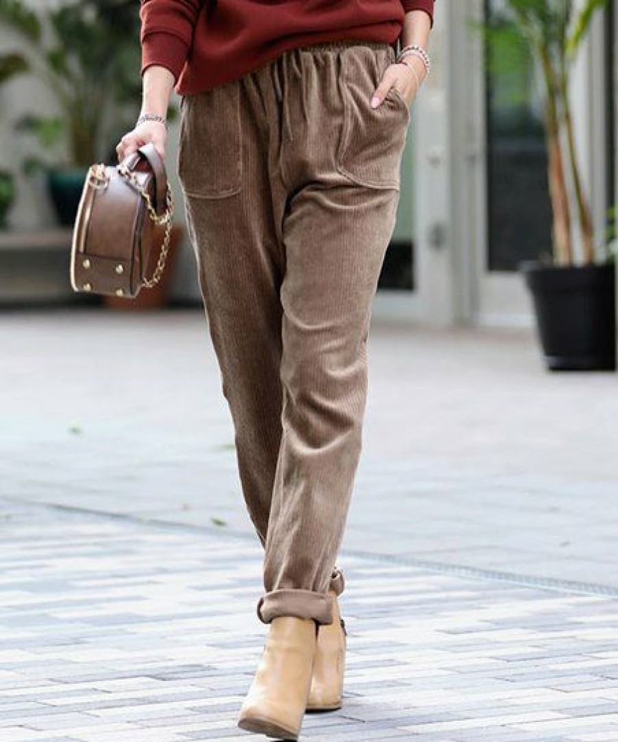 Women * | Discount 42Pops Mocha Corduroy Drawstring-Waist Pocket Cuffed Pants Women