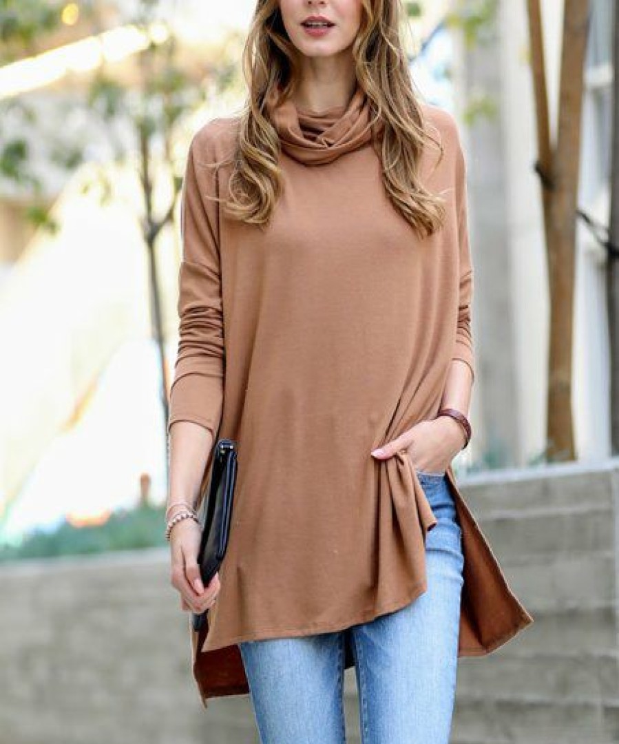 Women * | Best Pirce 42Pops Deep Camel Cowl Neck Long-Sleeve Hi-Low Top Women