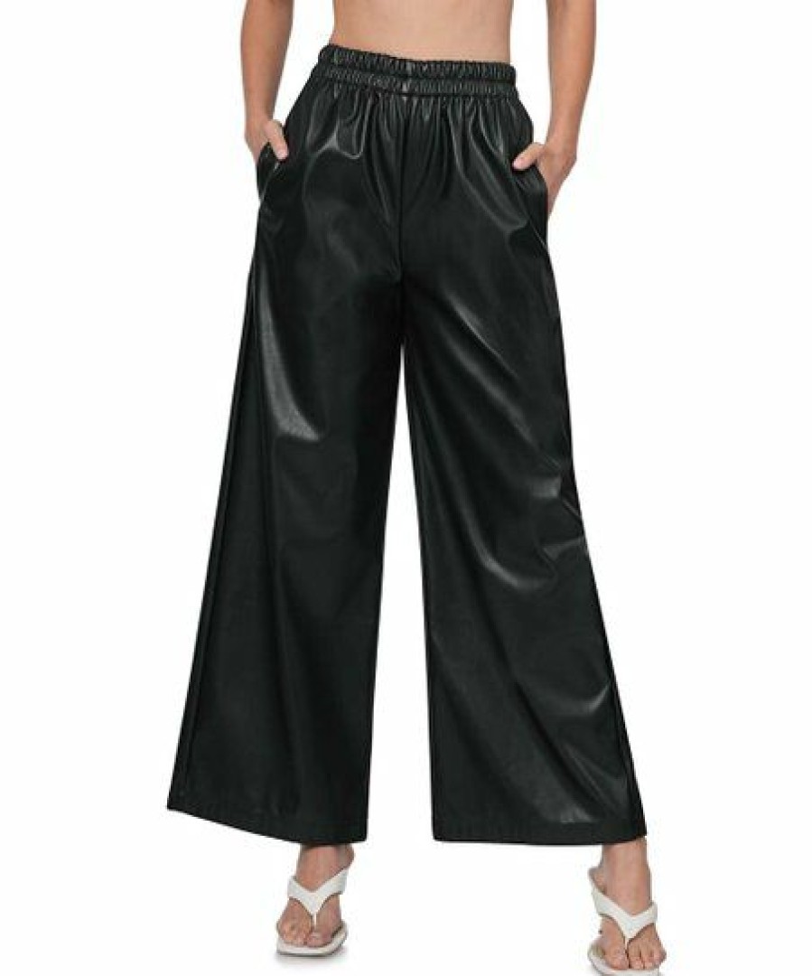 Women * | Top 10 42Pops Black Glossy Pocket Wide-Leg Pants Women