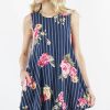 Women * | Brand New 42Pops Navy & Fuchsia Floral Stripe Round-Neck Sleeveless Pocket Tunic Women