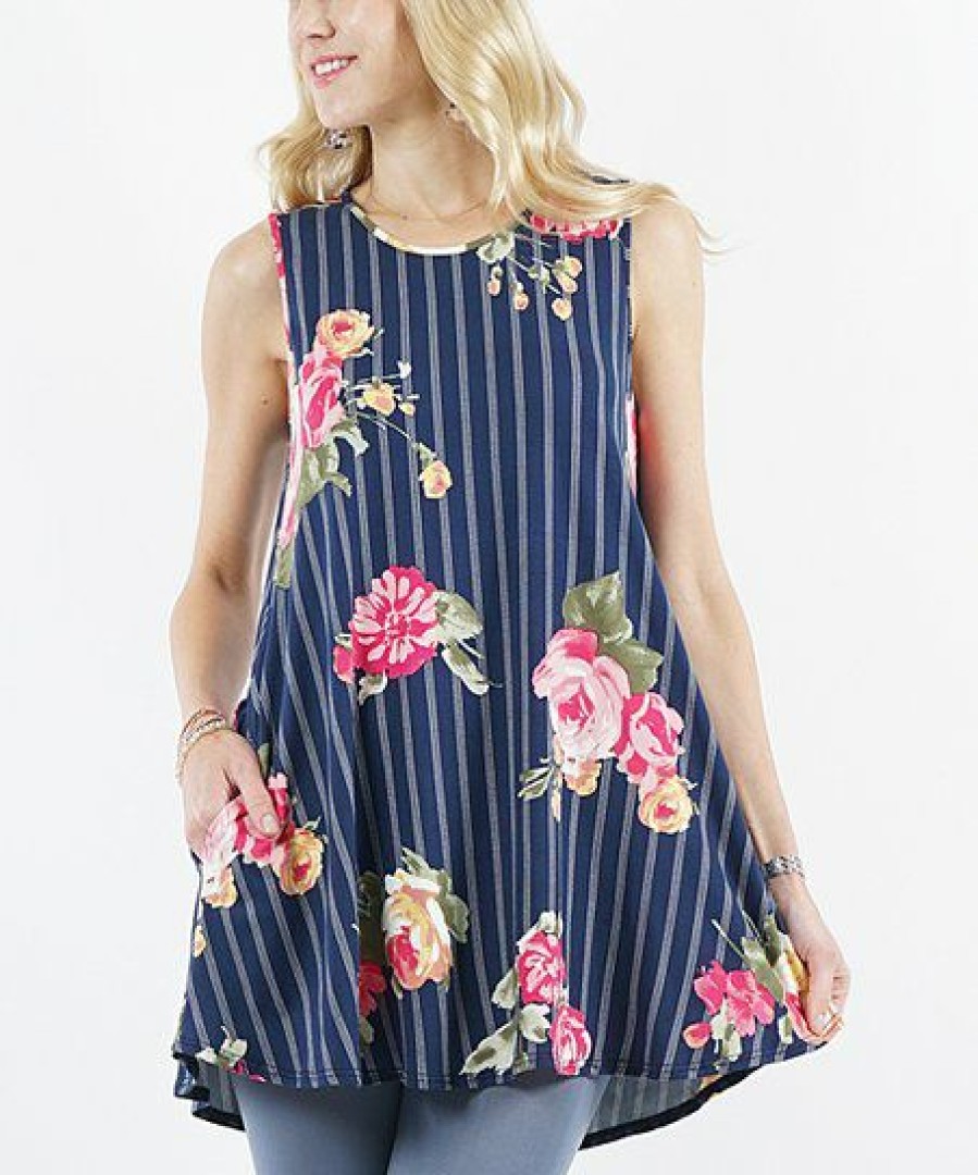 Women * | Brand New 42Pops Navy & Fuchsia Floral Stripe Round-Neck Sleeveless Pocket Tunic Women