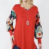 Women * | Best Sale 42Pops Rust Floral Bishop-Sleeve Notch Neck Tunic Women