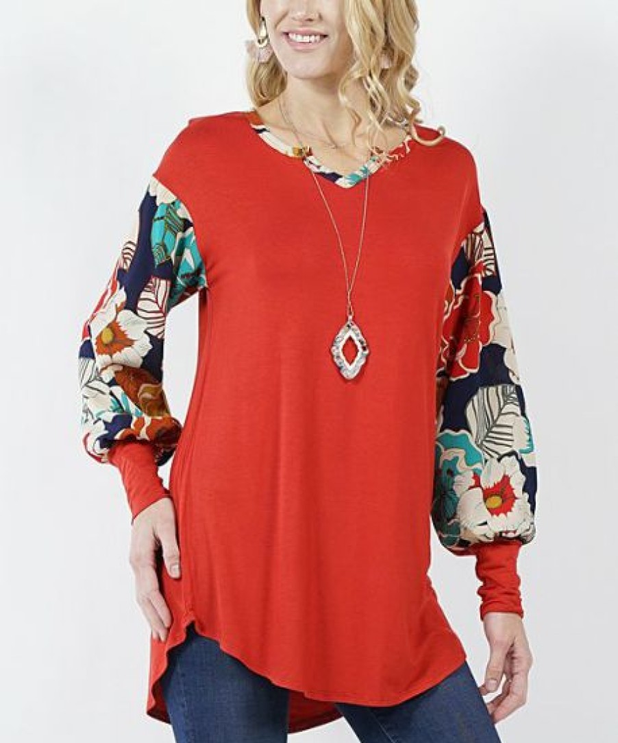 Women * | Best Sale 42Pops Rust Floral Bishop-Sleeve Notch Neck Tunic Women