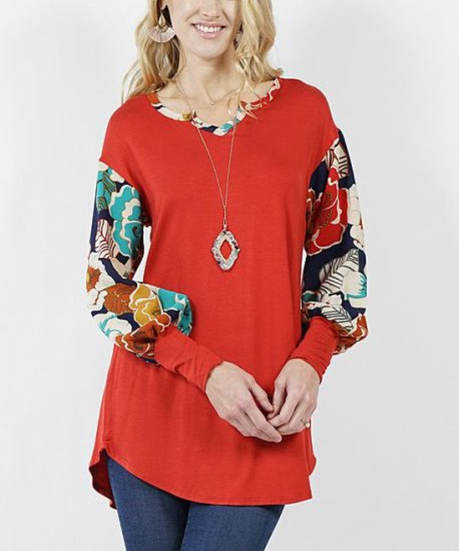 Women * | Best Sale 42Pops Rust Floral Bishop-Sleeve Notch Neck Tunic Women